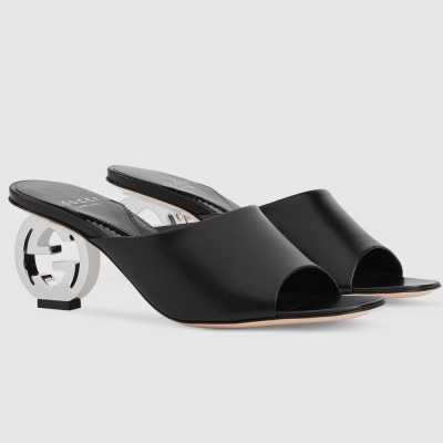 Gucci Interlocking G Heel Sandals in Black Leather GGSS24195