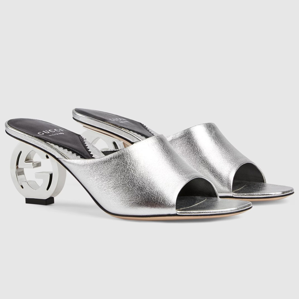 Gucci Interlocking G Heel Sandals in Silver Metallic Leather GGSS24196