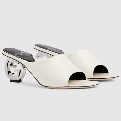 Gucci Interlocking G Heel Sandals in White Leather GGSS24197