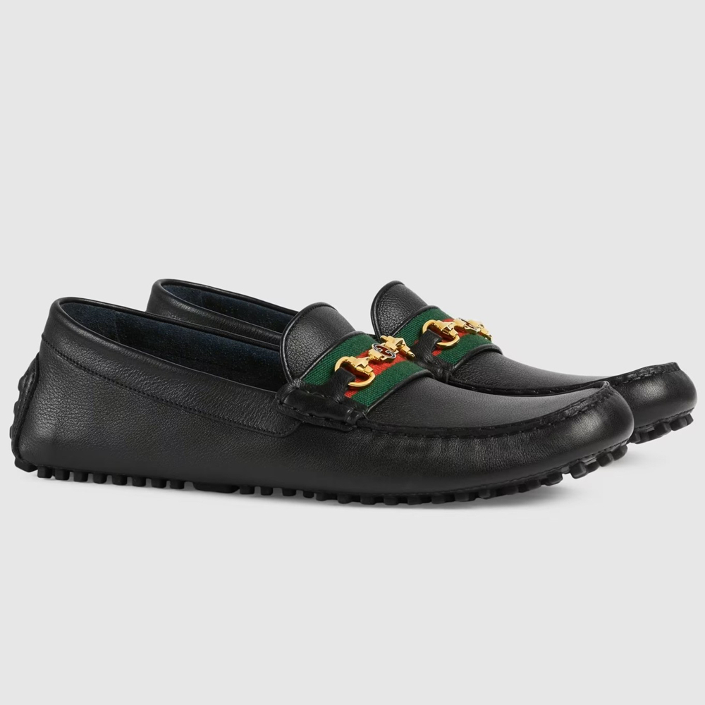 Gucci Interlocking G Horsebit Drive Loafers in Black Leather with Web GGSS24063