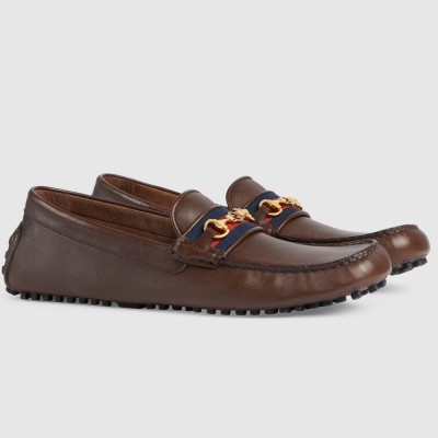 Gucci Interlocking G Horsebit Drive Loafers in Brown Leather with Web GGSS24064