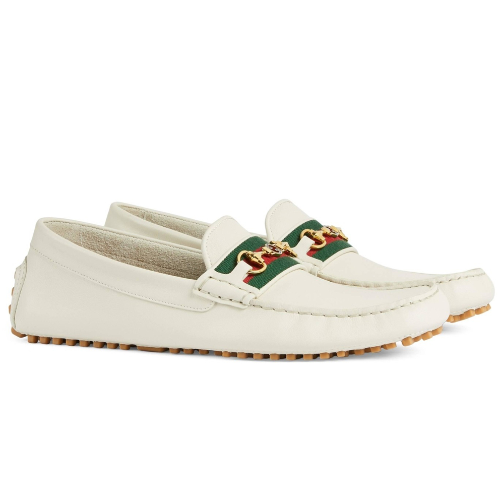 Gucci Interlocking G Horsebit Drive Loafers in White Leather with Web GGSS24065