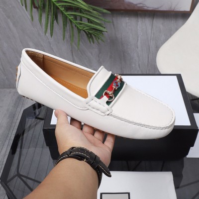 Gucci Interlocking G Horsebit Drive Loafers in White Leather with Web GGSS24065