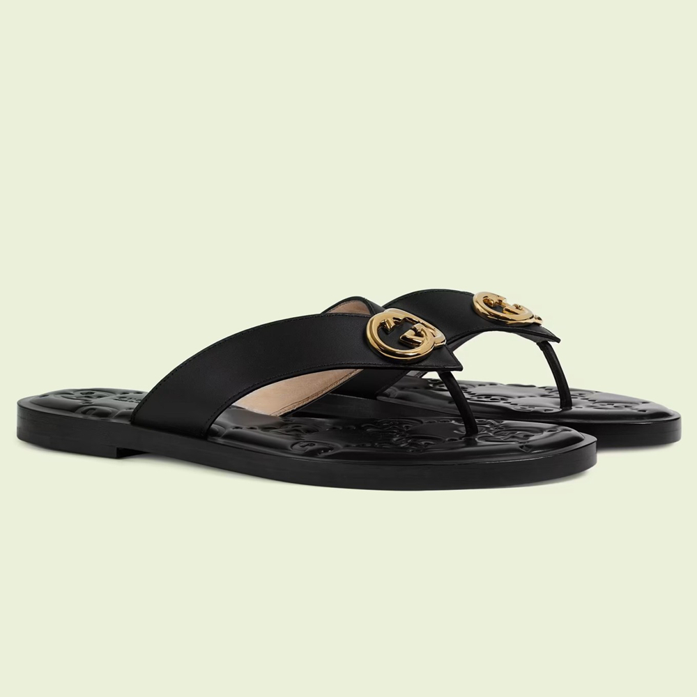 Gucci Interlocking G thong Sandals in Black Leather GGSS24198