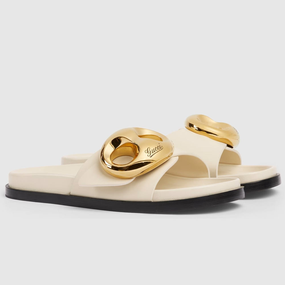 Gucci Marina Chain Slide Sandals in White Leather GGSS24256