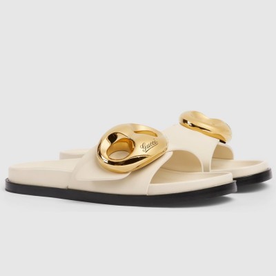 Gucci Marina Chain Slide Sandals in White Leather GGSS24256