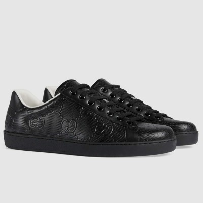 Gucci Men's Ace Sneakers in Black GG Embossed Leather GGSS24305