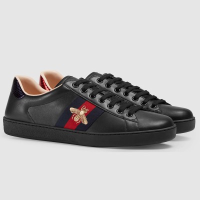 Gucci Men's Ace Sneakers in Black Leather with Bee GGSS24307