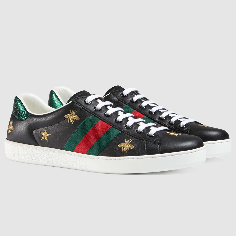 Gucci Men's Ace Sneakers in Black Leather with Bee and Star GGSS24308