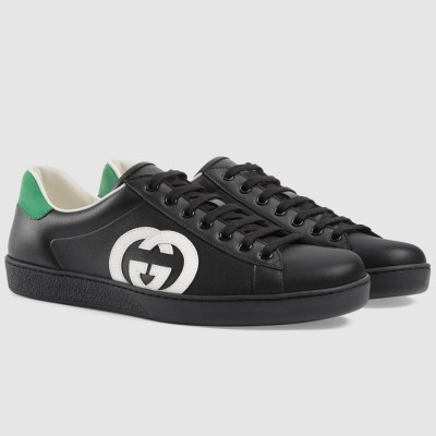 Gucci Men's Ace Sneakers in Black Leather with White Interlocking G GGSS24310