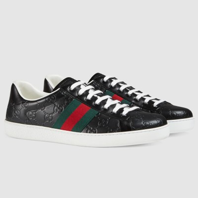 Gucci Men's Ace Sneakers in Black Signature Leather with Web GGSS24311