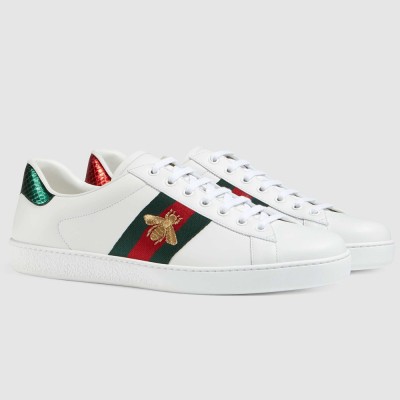 Gucci Men's Ace Sneakers in White Leather with Bee GGSS24313