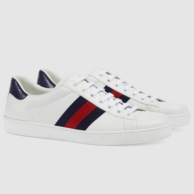 Gucci Men's Ace Sneakers in White Leather with Blue & Red Web GGSS24314