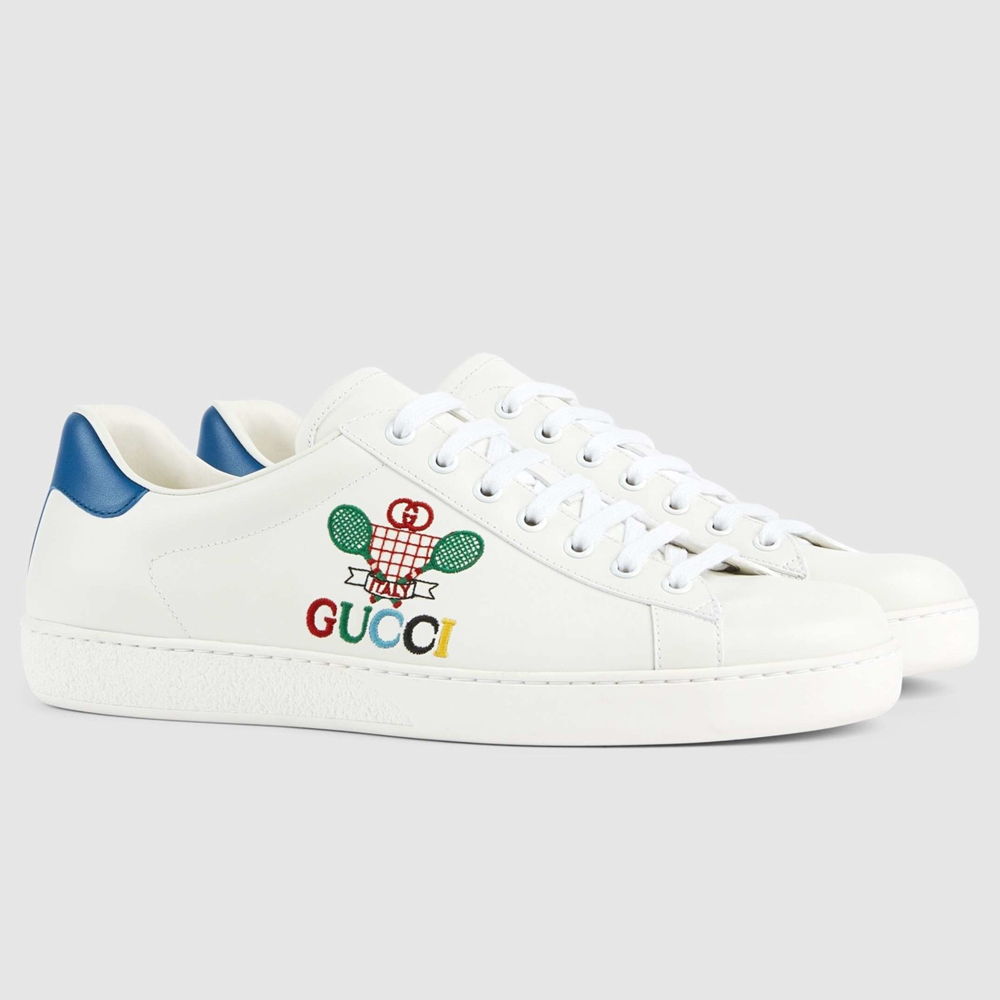 Gucci Men's Ace Sneakers in White Leather with Tennis Print GGSS24318