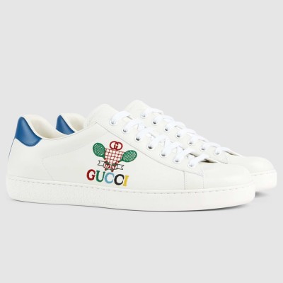 Gucci Men's Ace Sneakers in White Leather with Tennis Print GGSS24318