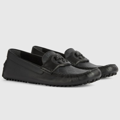 Gucci Men's Drive Loafers in Black Leather and GG Supreme Canvas GGSS24066