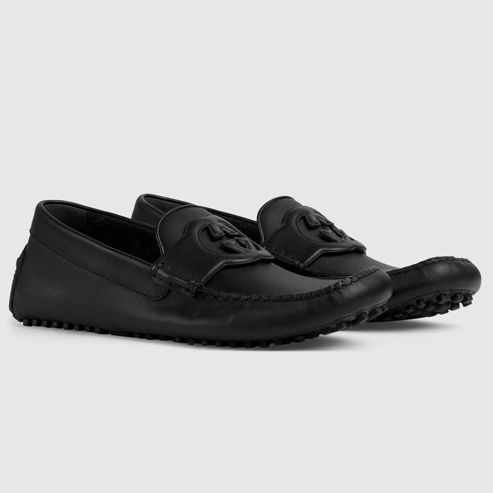 Gucci Men's Drive Loafers in Black Leather with Cut-out Interlocking G GGSS24067