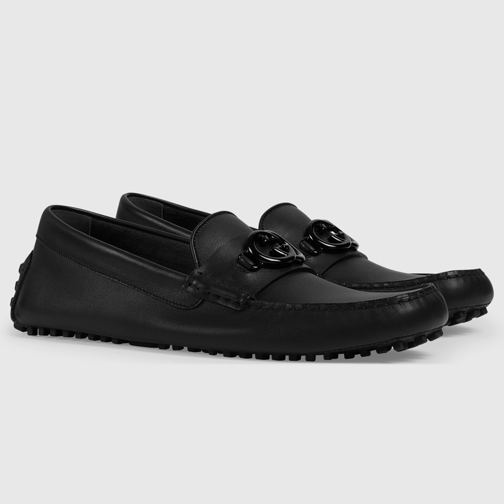 Gucci Men's Drive Loafers in Black Leather with Interlocking G GGSS24068