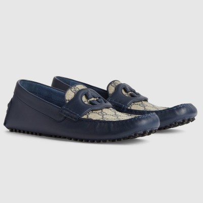 Gucci Men's Drive Loafers in Blue Leather and GG Supreme Canvas GGSS24069