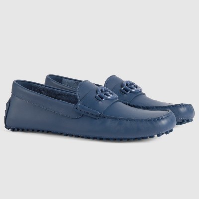 Gucci Men's Drive Loafers in Blue Leather with Interlocking G GGSS24070