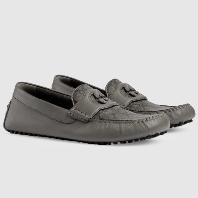 Gucci Men's Drive Loafers in Grey Leather and GG Supreme Canvas GGSS24071