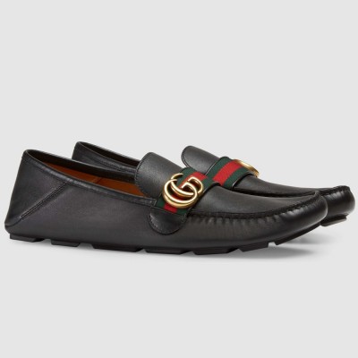 Gucci Men's Driver Loafers in Black Leather with Web GGSS24072