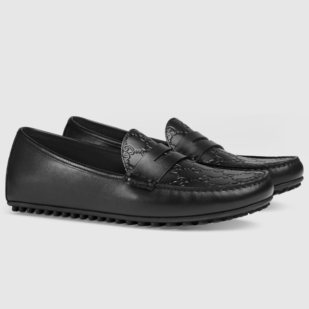 Gucci Men's Driver Loafers in Black Signature Leather GGSS24073