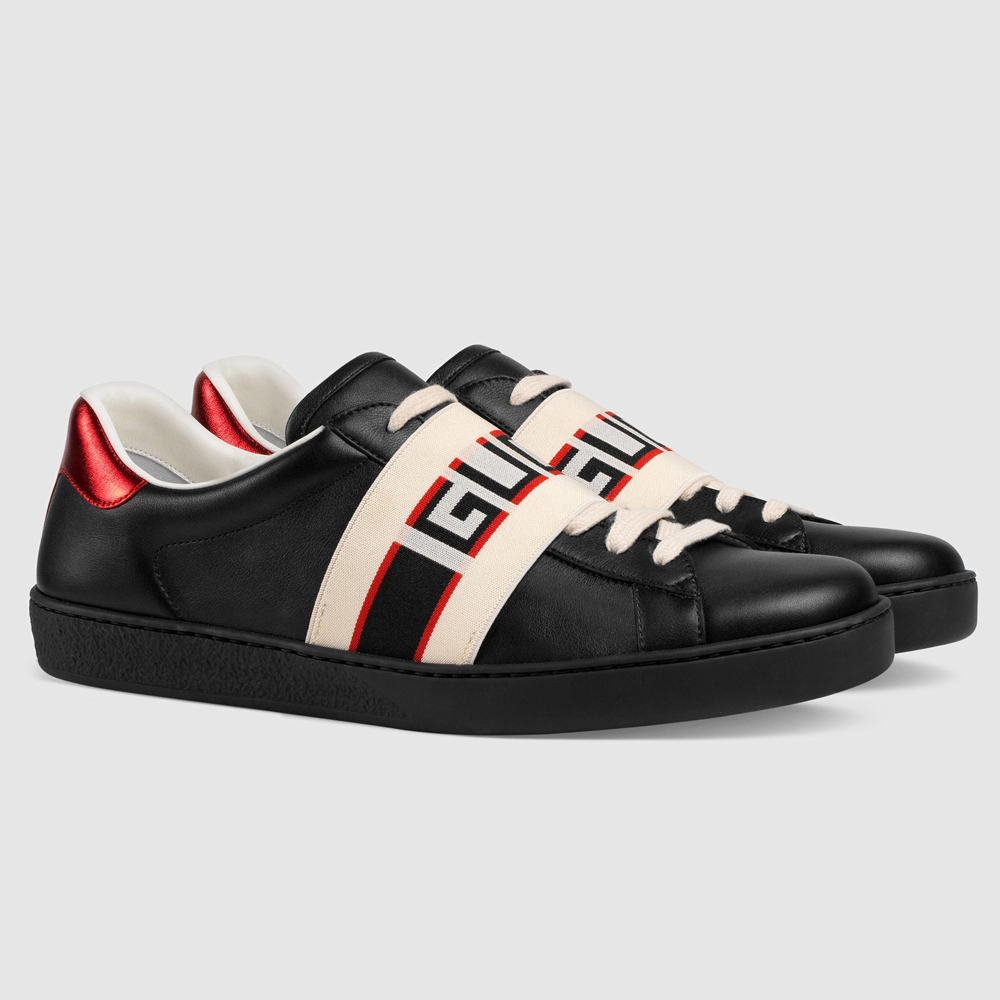 Gucci Men's Elastic Stripe Sneakers in Black Leather GGSS24324