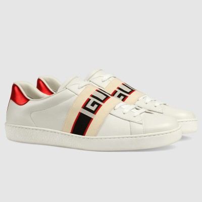 Gucci Men's Elastic Stripe Sneakers in White Leather GGSS24325