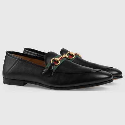 Gucci Men's Horsebit Slip-on Loafer in Black Leather with Web GGSS24076