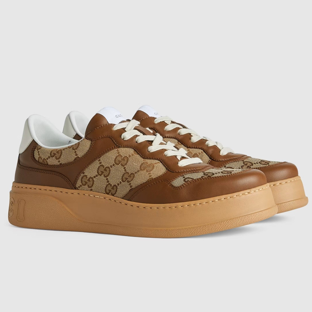 Gucci Men's Sneakers in Beige GG Canvas with Brown Leather GGSS24355