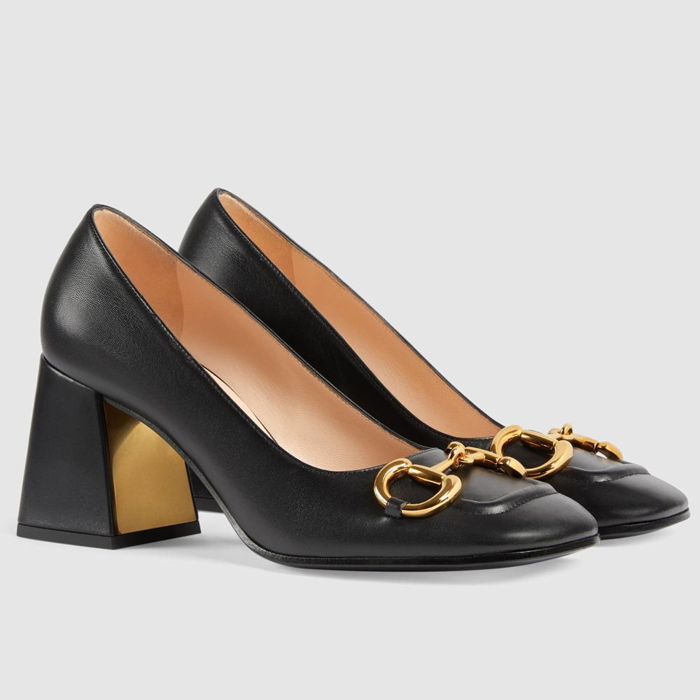 Gucci Mid-heel Pumps 75mm in Black Leather with Horsebit GGSS24147