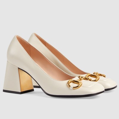 Gucci Mid-heel Pumps 75mm in White Leather with Horsebit GGSS24148