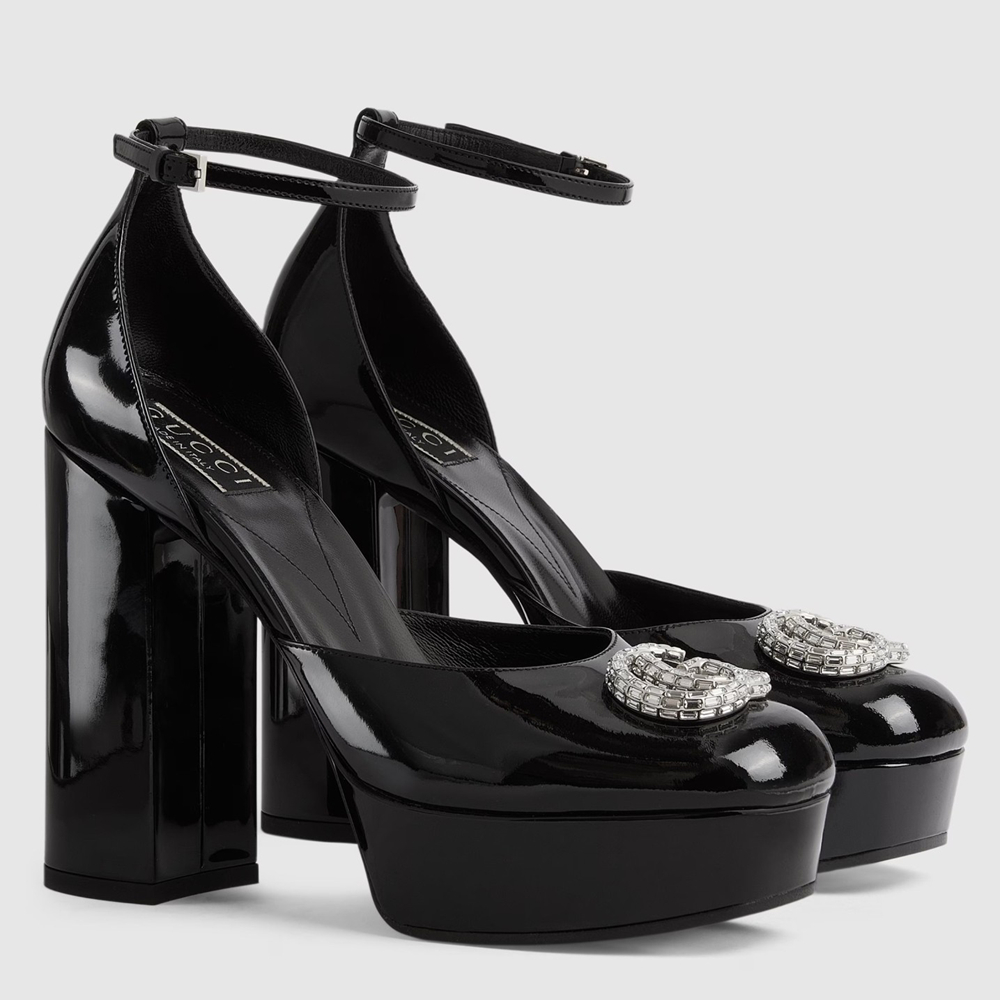 Gucci Platform Pumps in Black Patent Lether with Crystals G GGSS24149