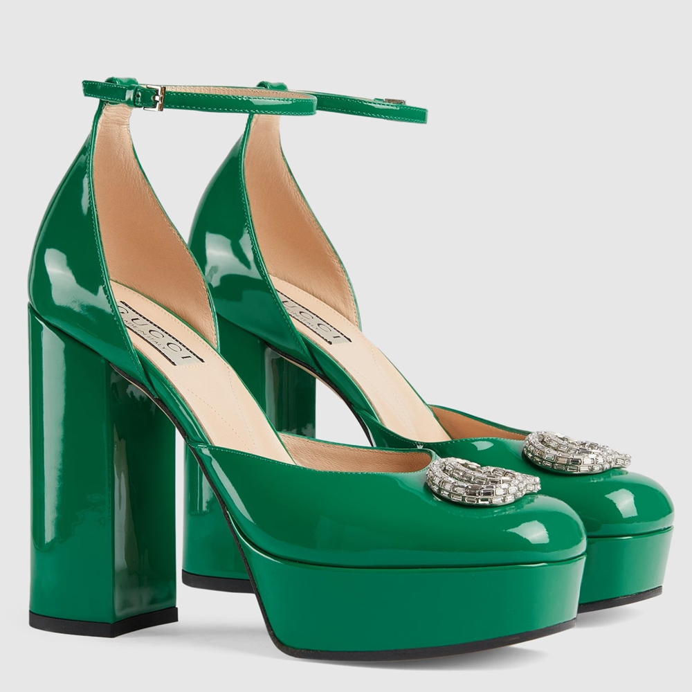 Gucci Platform Pumps in Green Patent Lether with Crystals G GGSS24150