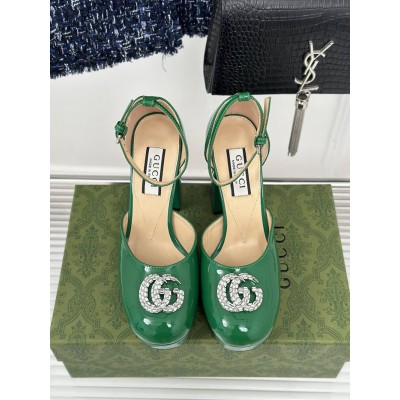 Gucci Platform Pumps in Green Patent Lether with Crystals G GGSS24150