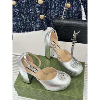 Gucci Platform Pumps in Silver Metallic Lether with Crystals G GGSS24151