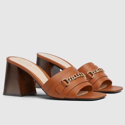 Gucci Signoria Slide Sandals 75MM in Brown Leather GGSS24263