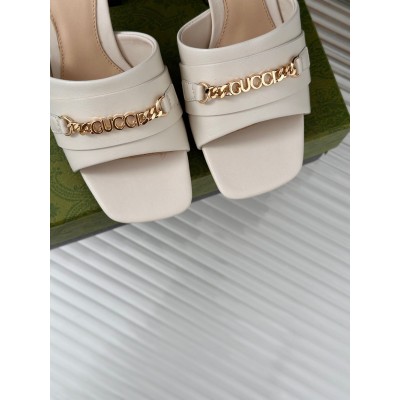 Gucci Signoria Slide Sandals 75MM in White Leather GGSS24264