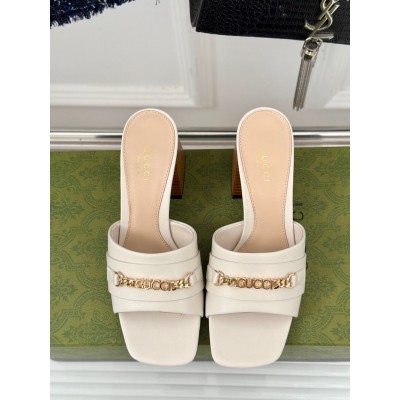 Gucci Signoria Slide Sandals 75MM in White Leather GGSS24264