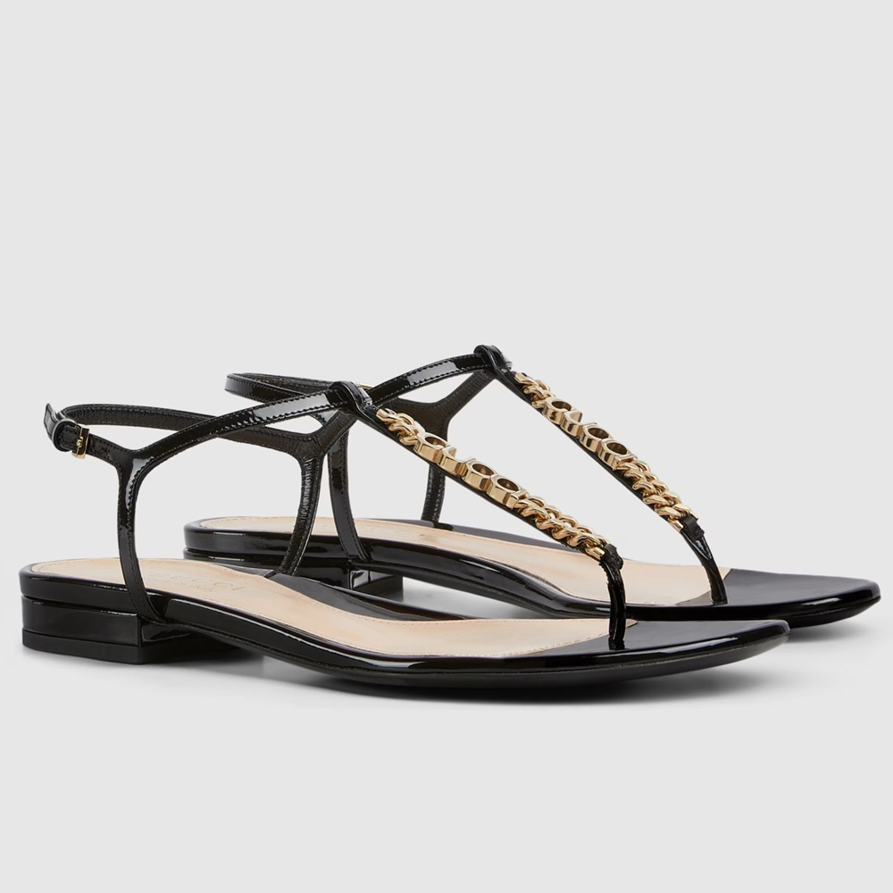 Gucci Signoria Thong Sandals in Black Patent Calfskin GGSS24214