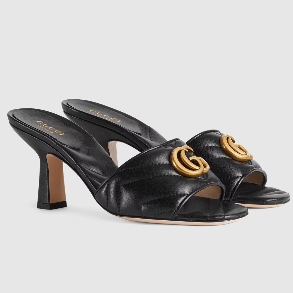 Gucci Slide Sandals 75mm in Black Matelasse Leather GGSS24265