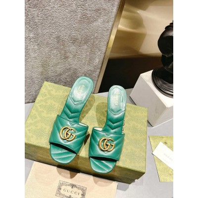 Gucci Slide Sandals 75mm in Green Matelasse Leather GGSS24266