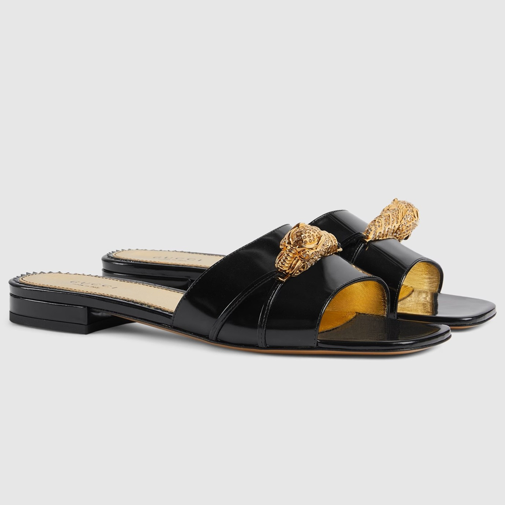 Gucci Slide Sandals in Black Leather with Snake Hardware GGSS24271