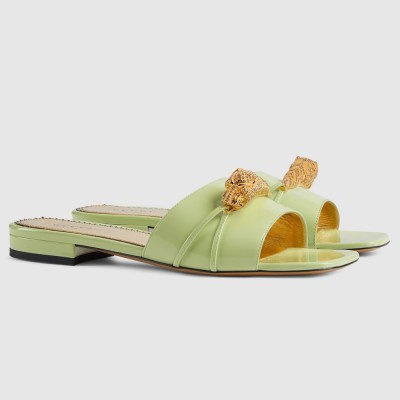 Gucci Slide Sandals in Light Green Leather with Snake Hardware GGSS24278