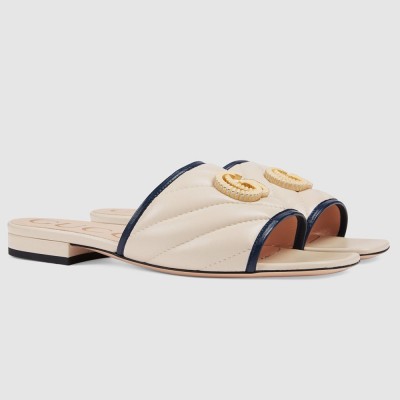 Gucci Slide Sandals in White Diagonal Leather With Double G GGSS24280