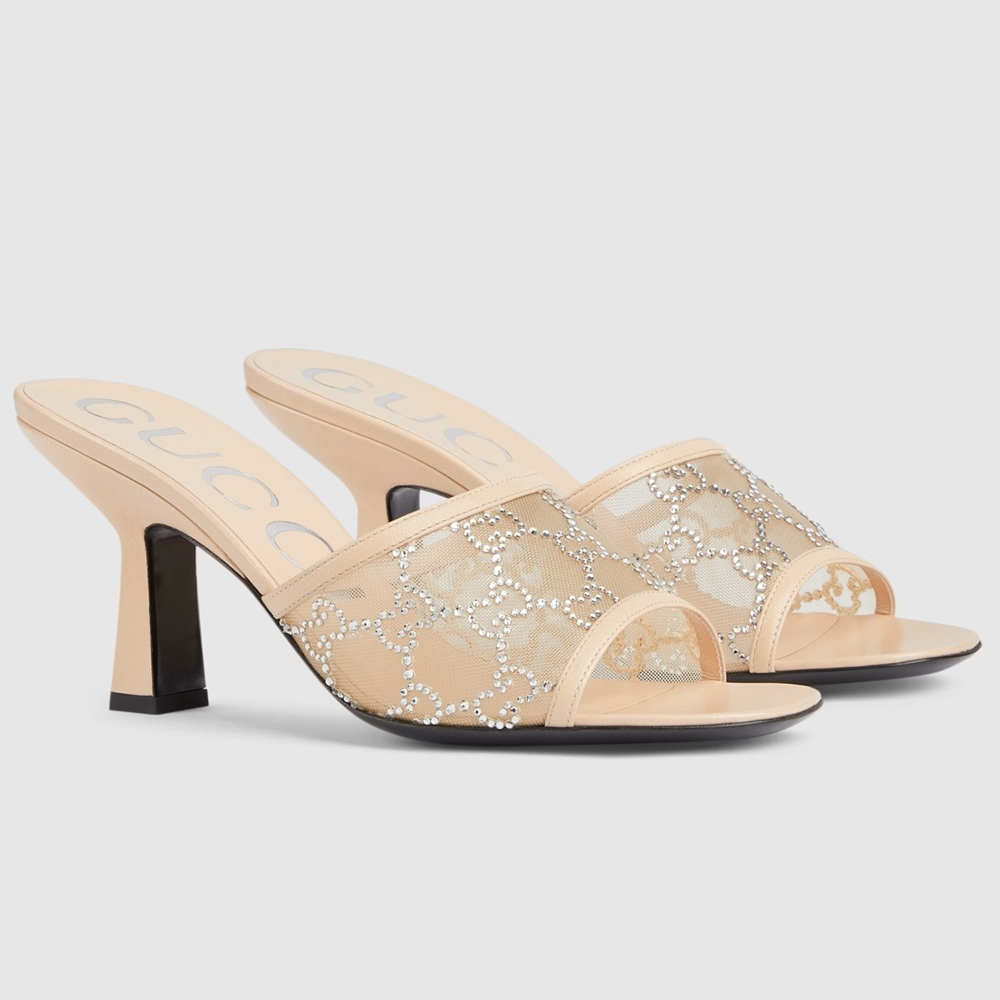 Gucci Slide Sandas 75mm in Beige Mesh with Crystal GGSS24282