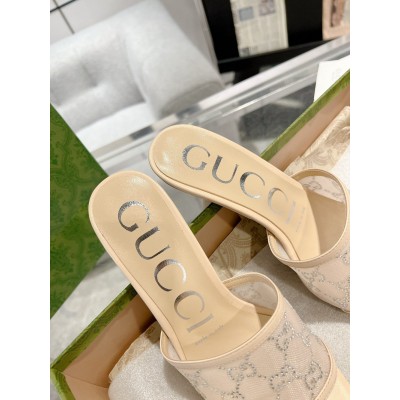 Gucci Slide Sandas 75mm in Beige Mesh with Crystal GGSS24282