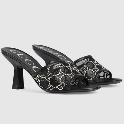 Gucci Slide Sandas 75mm in Black Mesh with Crystal GGSS24283