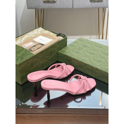 Gucci Slide Sandas in Pink Leather with Bamboo Heel GGSS24284